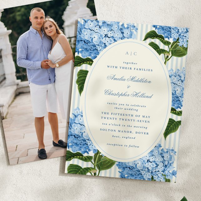 Formal Blue Preppy Hydrangea Garden Wedding Save The Date (blue watercolour vintage hydrangea flowers save the date card with photo on back)