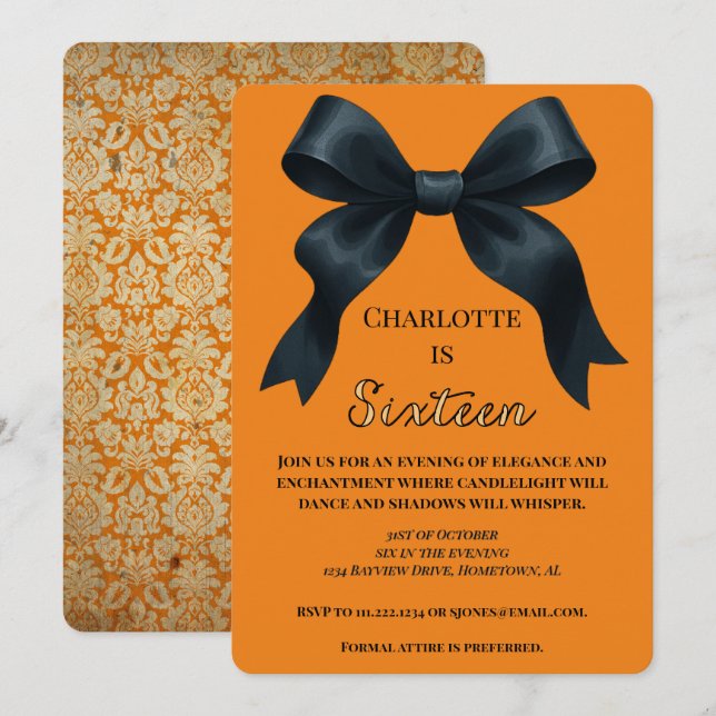 Formal Bow Halloween Birthday Invite - Orange Einladung (Vorne/Hinten)