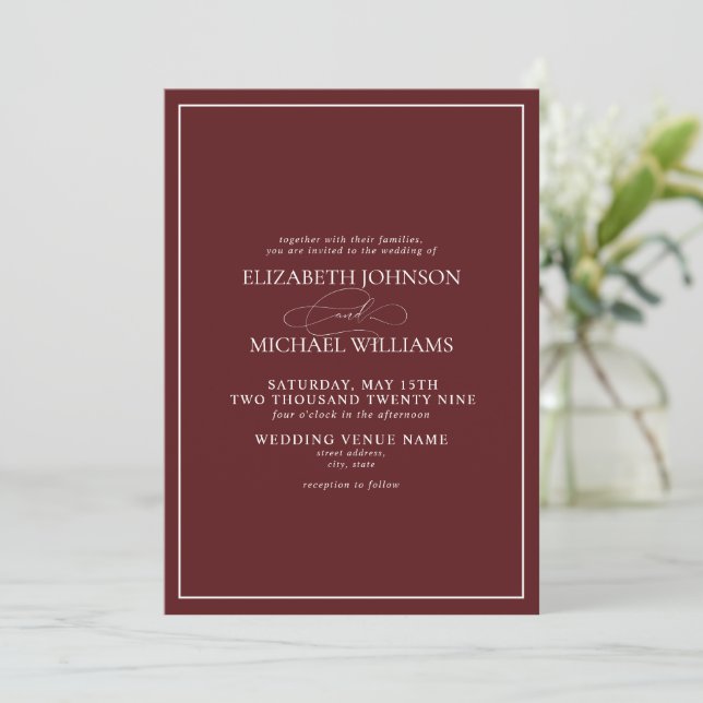Formal Burgundy Classic Script Wedding Einladung (Stehend Vorderseite)