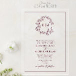 Formal Burgundy Leafy Wappen Monogram Wedding Acryleinladungen<br><div class="desc">Eleganz und Intimität sind in dieser modernen Hochzeitseinladung wunderbar eingebettet. Das reiche, bordeauxfarbene Monogramm steht im Zentrum eines sanften Kranzes mit zarter Vegetation, der die blühende Liebe des Paares symbolisiert. Mit seinem ausgeklügelten Drehbuch und seinem sauberen Layout vermittelt dieses Design die persönliche Verbindung zwischen zwei Familien, beginnend mit den Initialen,...</div>