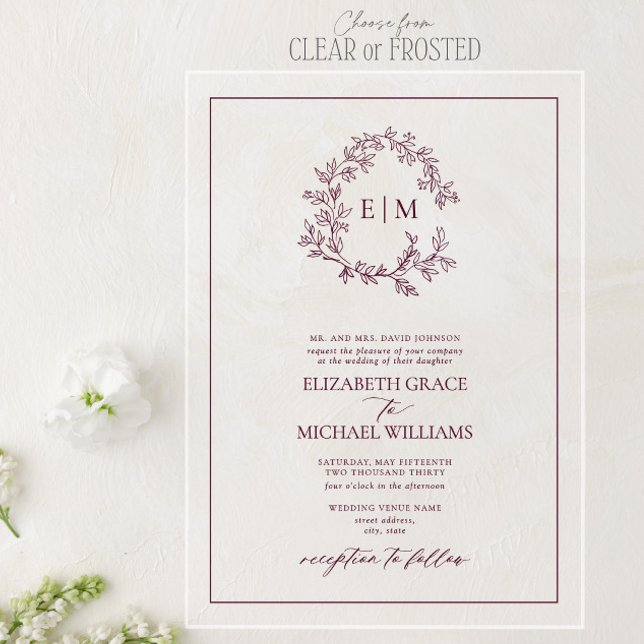 Formal Burgundy Leafy Wappen Monogram Wedding Acryleinladungen (Von Creator hochgeladen)