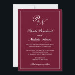 Formal Burgundy Monogram Elegant Wedding Einladung<br><div class="desc">Traditionell burgundische Hochzeitseinladung mit einem einfachen und klassischen Design mit Ihren beiden ersten Monogramm und Ihren Namen in einer eleganten Kalligraphie innerhalb eines dünnen Randes. Alle Designelemente können im Entwurfsbearbeitungstool geändert werden. Diese eleganten Einladungen sind perfekt für eine formelle Hochzeit.</div>