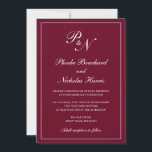 Formal Burgundy Monogram Elegant Wedding Einladung<br><div class="desc">Traditionell burgundische Hochzeitseinladung mit einem einfachen und klassischen Design mit Ihren beiden ersten Monogramm und Ihren Namen in einer eleganten Kalligraphie innerhalb eines dünnen Randes. Alle Designelemente können im Entwurfsbearbeitungstool geändert werden. Diese eleganten Einladungen sind perfekt für eine formelle Hochzeit.</div>