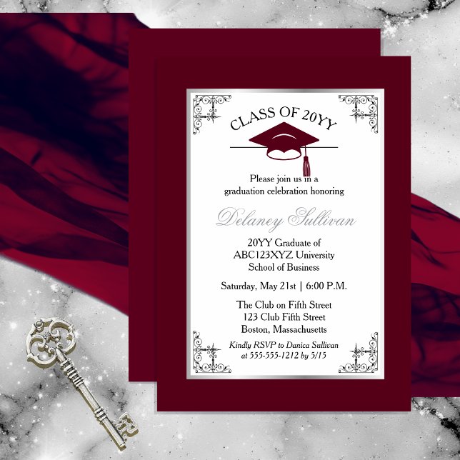 Formal Burgundy Uni-Abschluß Party Einladung (Elegant Formal Silver Tone and Burgundy College | University Graduation Party Invitation )