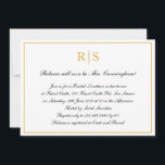 Formal Calligraphy Gold Monogram Bridal Luncheon Einladung<br><div class="desc">Formelle und extravagante Einladungen zum Bridal-Mittagessen mit einem einfachen Design mit Ihren Veranstaltungsdetails in einem goldenen Imitat-Rahmen,  über einen weißen Hintergrund. Oben stehen Ihre beiden ersten Monogramme und Ihre Details sind in einer eleganten Kalligraphie. Ein elegantes Design,  das sicher beeindrucken wird.</div>
