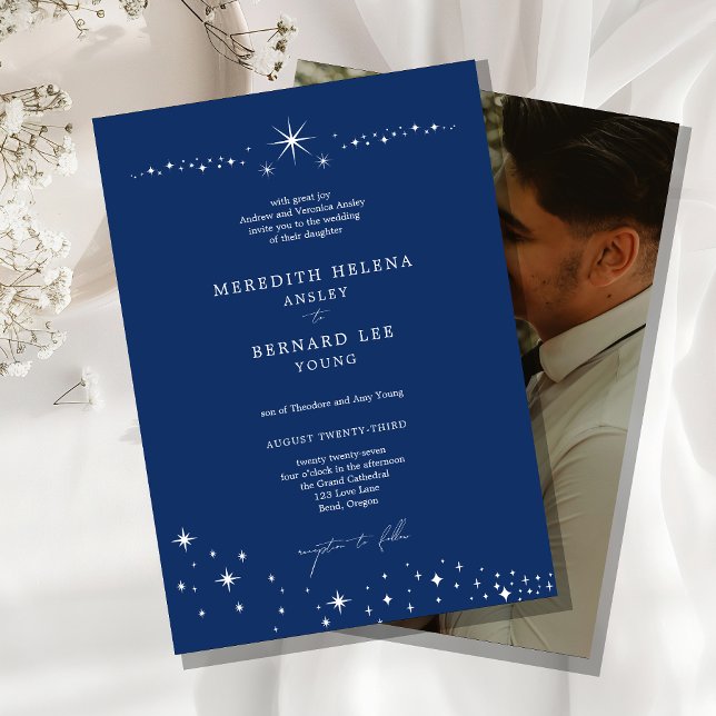 Formal Celestial Elegant Navy Blue Wedding Photo Einladung (Von Creator hochgeladen)
