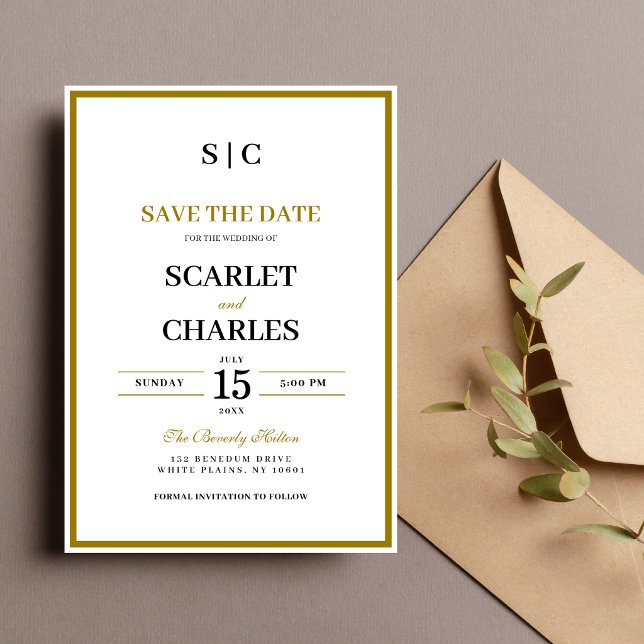 Formal Classic Black Gold Monogram Wedding Save The Date (Formal black and gold monogram save the date card sets a timeless tone for your wedding.)