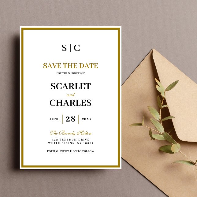 Formal Classic Black Gold Monogram Wedding Save The Date (Formal black and gold monogram save the date announces your wedding with timeless elegance.)