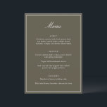Formal Classic Border Olive Script Elegant Wedding Menükarte<br><div class="desc">This formal wedding menu card features an elegant script heading, clean serif typography, and a classic border on an olive background for a timeless reception look. The structured layout presents each course clearly while adding a refined, cohesive touch to table settings or place settings. Designed to coordinate seamlessly with classic...</div>