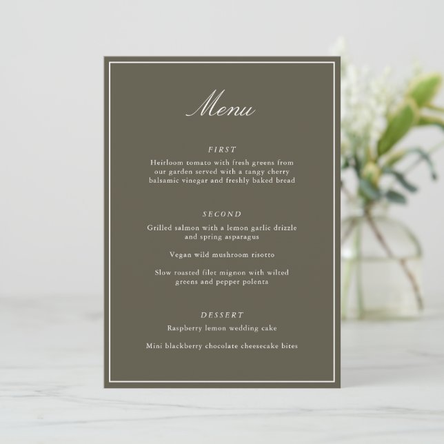 Formal Classic Border Olive Script Elegant Wedding Menükarte (Stehend Vorderseite)