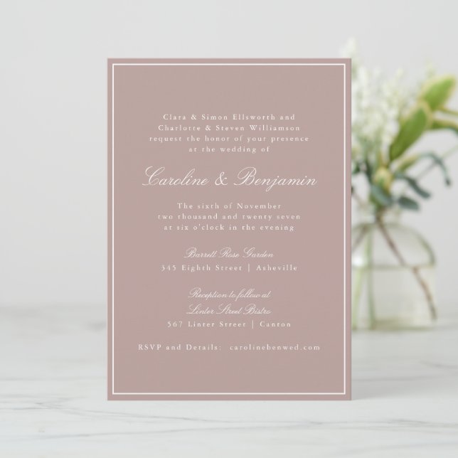 Formal Classic Border Script Dusty Mauve Wedding Einladung (Stehend Vorderseite)