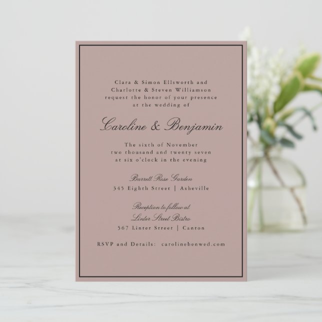 Formal Classic Border Script Mauve Wedding Website Einladung (Stehend Vorderseite)