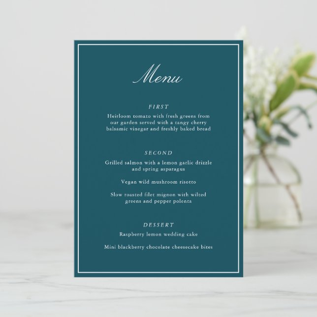 Formal Classic Border Teal Script Elegant Wedding Menükarte (Stehend Vorderseite)