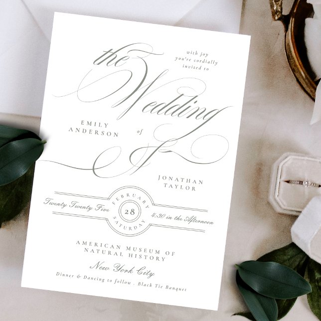 Formal Classic Calligraphy Gray Green Wedding Einladung (Von Creator hochgeladen)