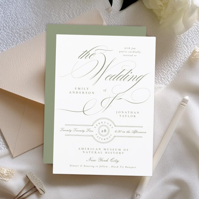 Formal Classic Calligraphy Sage Green Wedding Einladung (Von Creator hochgeladen)