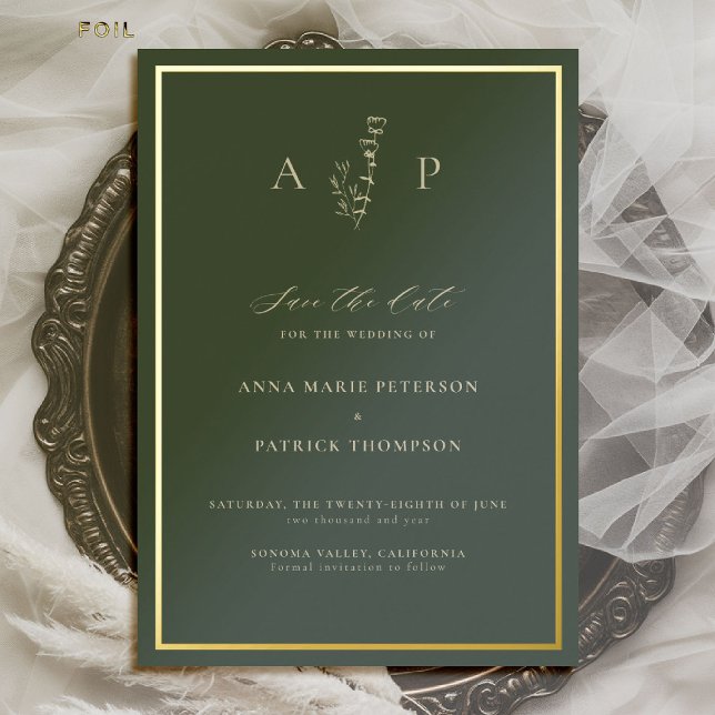 Formal Classic Delicate Sage Wedding Save the Date Folieneinladung (sage wedding save the date minimalist gold formal modern classic traditional botanical monograms)