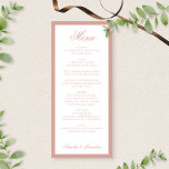 Formal Classic Dusty Rose Border Script Wedding Menükarte<br><div class="desc">Elevate your wedding table with timeless sophistication using our Elegant Classic Dusty Rose Border Script Wedding Menu. Featuring a crisp white background, soft dusty rose script, and a delicate dusty rose border, this menu blends classic elegance with a refined, romantic touch. Perfect for showcasing your carefully curated wedding cuisine, it...</div>