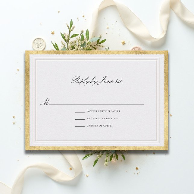 Formal Classic Elevated Gold Pearl Sm Wedding RSVP Karte (formal traditional wedding RSVP response modern classic double frame gold ballroom black tie pearl)
