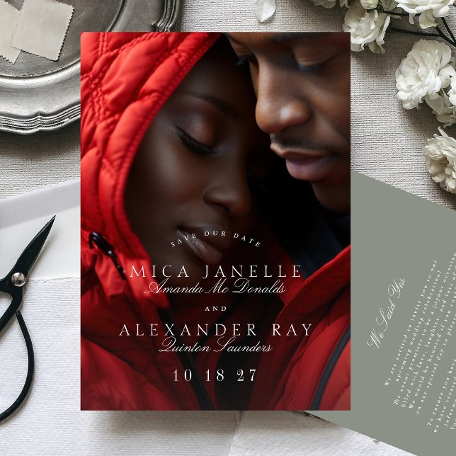 Formal Classic Gray Green Calligraphy Photo Save The Date (Von Creator hochgeladen)