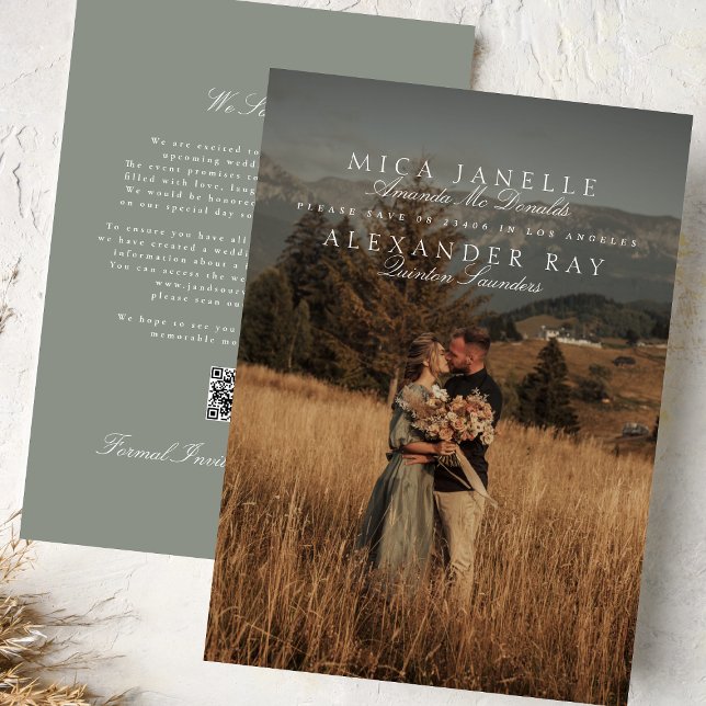 Formal Classic Gray Green Names Photo QR Code Save The Date (Von Creator hochgeladen)