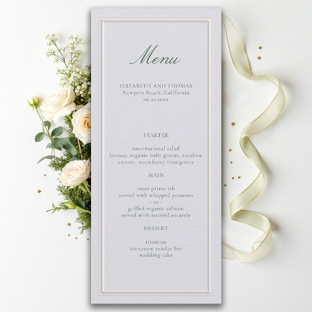 Formal Classic Green Elevated Frame Ivory Wedding Menükarte (formal wedding menu modern classic ivory double frame sage green calligraphy)