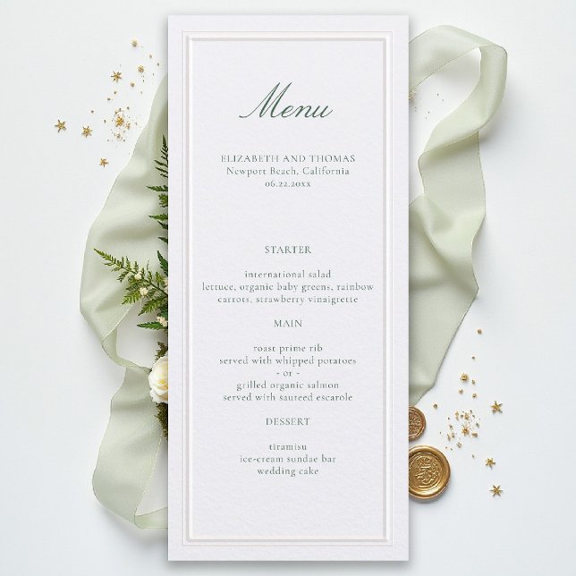 Formal Classic Green Elevated Frame Pearl Wedding Menükarte (formal wedding menu modern classic pearl white double frame green calligraphy)