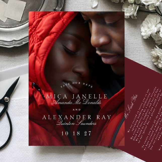 Formal Classic Maroon Burgundy Calligraphy Photo Save The Date (Von Creator hochgeladen)