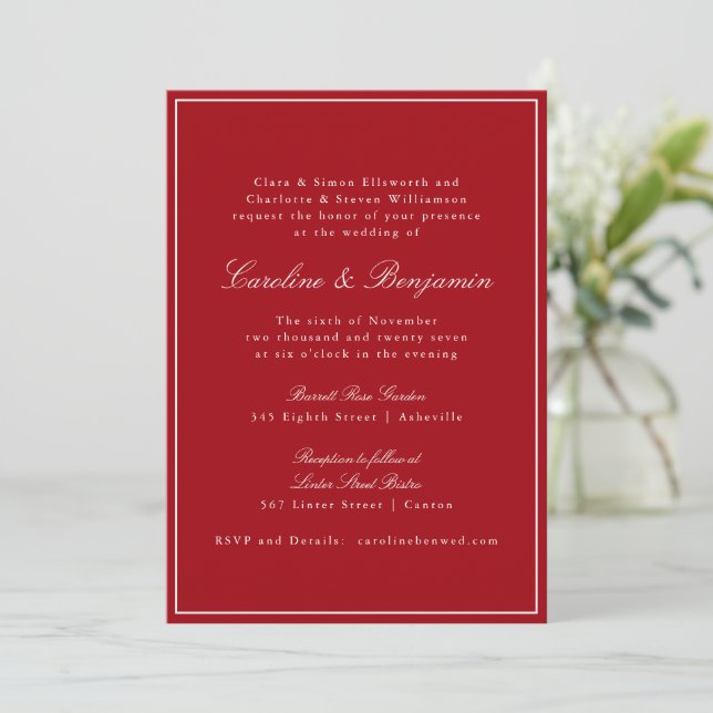 Formal Classic Red Script Elegant Wedding RSVP Einladung (Stehend Vorderseite)