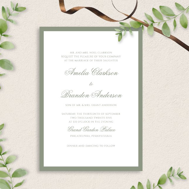 Formal Classic Sage Green Border Script Hochzeit Einladung (Von Creator hochgeladen)