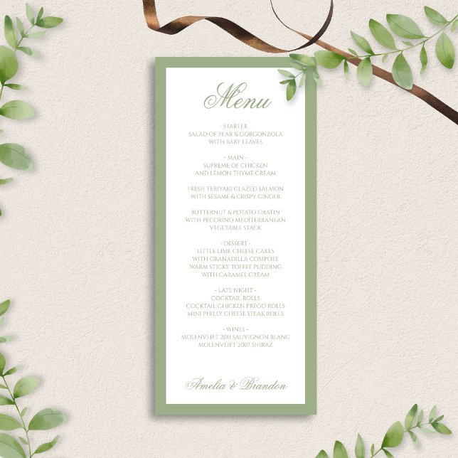 Formal Classic Sage Green Border Script Wedding Menükarte (Von Creator hochgeladen)