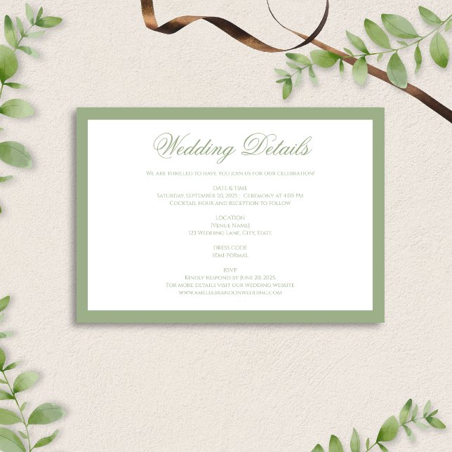 Formal Classic Sage Green Border Wedding Details Begleitkarte (Von Creator hochgeladen)