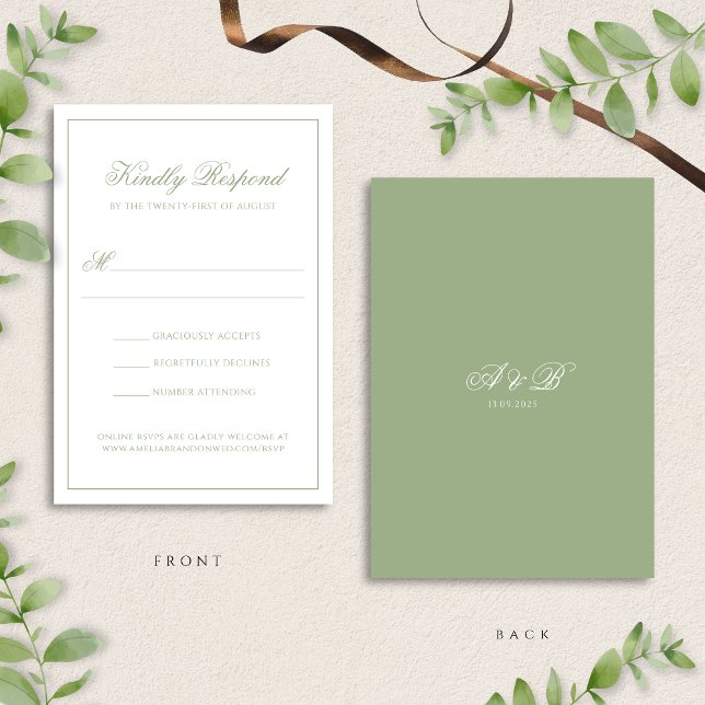 Formal Classic Sage Green Monogram Script Wedding RSVP Karte (Von Creator hochgeladen)