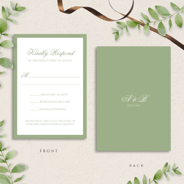 Formal Classic Sage Green Monogram Script Wedding RSVP Karte (Von Creator hochgeladen)