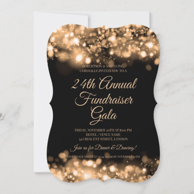 Formal Corporate Fundraiser Gold Glam Lights Einladung (Vorderseite)