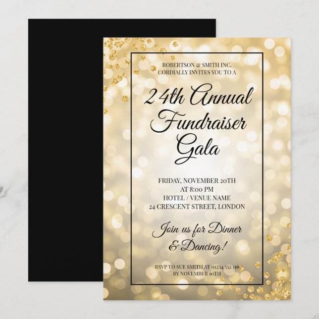 Formal Corporate Fundraiser Gold Lights Glitzer Einladung (Vorne/Hinten)