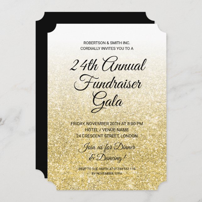 Formal Corporate Fundraiser Party Gold Glitzer Einladung (Vorne/Hinten)