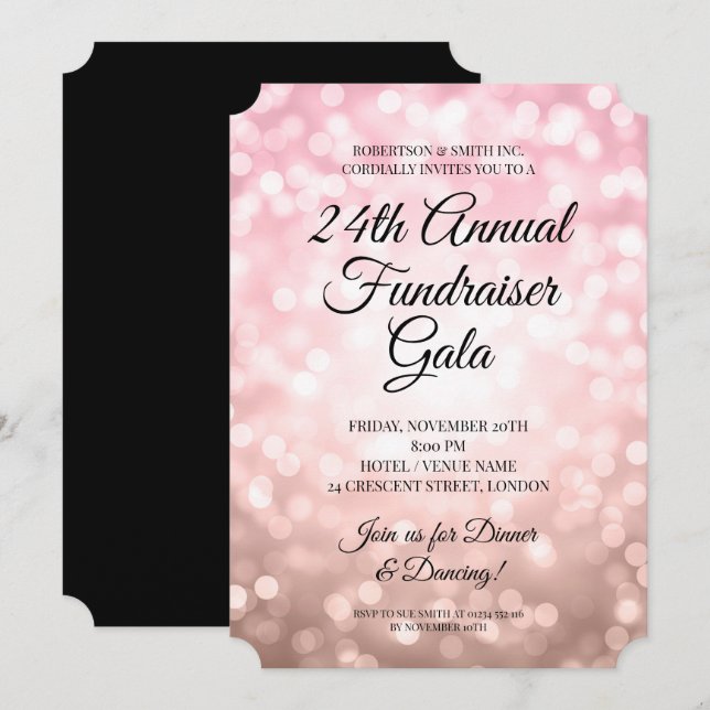Formal Corporate Fundraiser Party Rose Gold Lights Einladung (Vorne/Hinten)