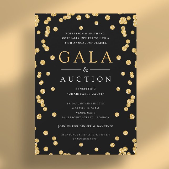 Formal Corporate Gala & Auktion Gold Glitzer Black Einladung (Formal Corporate Gala & Auction Gold Glitter Black Invitation)