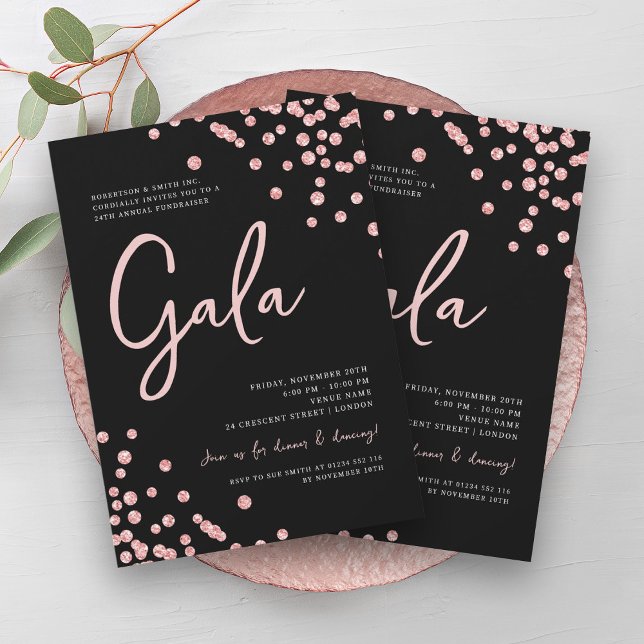 Formal Corporate Gala Rose Gold Confetti Black Einladung (Formal Corporate Gala Rose Gold Confetti Black Invitation)