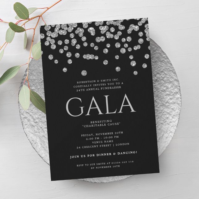 Formal Corporate Gala Silver Blac Glitzer Confetti Einladung (Formal Corporate Gala Silver Blac Glitter Confetti Invitation)