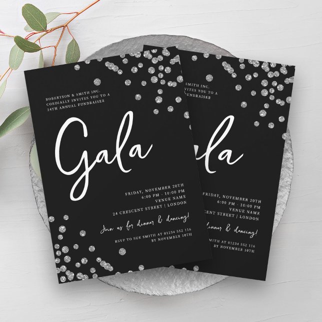 Formal Corporate Gala Silver Confetti Black Einladung (Formal Corporate Gala Silver Confetti Black Invitation)