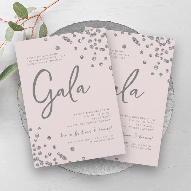Formal Corporate Gala Silver Confetti Rosa Einladung (Formal Corporate Gala Silver Confetti Blush Pink Invitation)