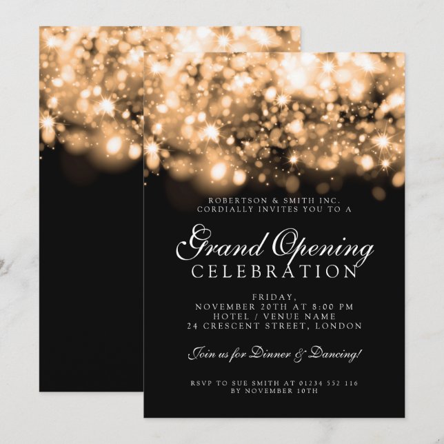 Formal Corporate Grand Opening Gold Lights Einladung (Vorne/Hinten)