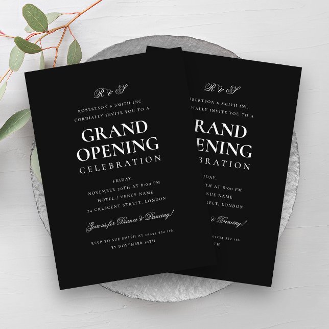 Formal Corporate Grand Opening Monogram Black Einladung (Formal Corporate Grand Opening Monogram Black Invitation)