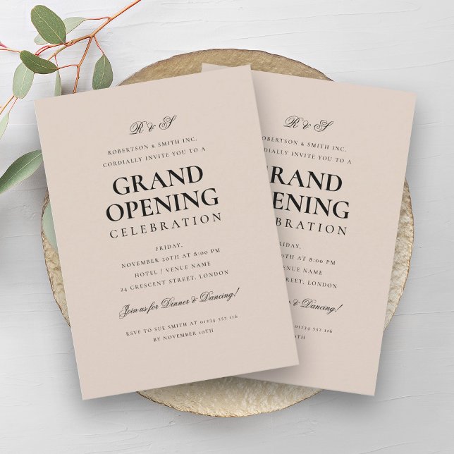 Formal Corporate Grand Opening Monogram Champagne Einladung (Formal Corporate Grand Opening Monogram Champagne Invitation)