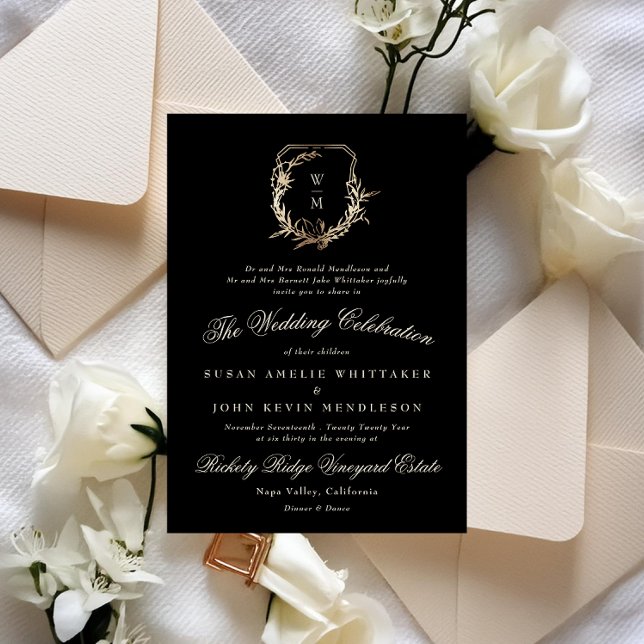 Formal Cream & Black Monogram Gold Wreath Wedding Einladung (Von Creator hochgeladen)