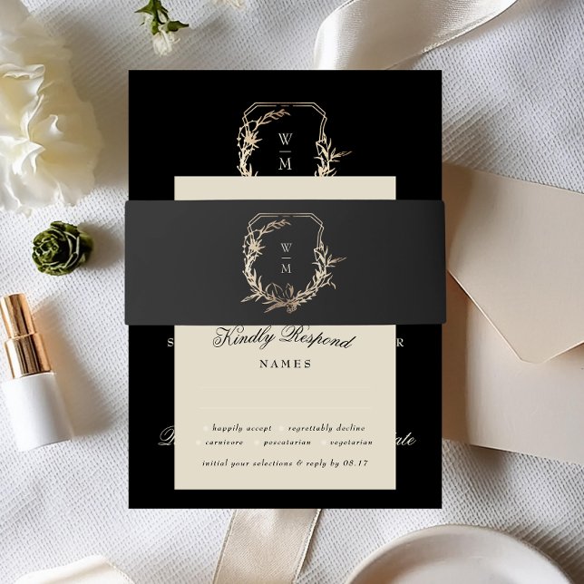 Formal Cream & Black Monogram Gold Wreath Wedding Einladungsbanderole (Von Creator hochgeladen)