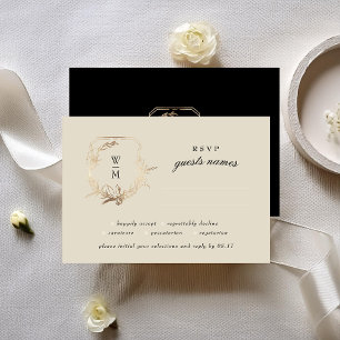 Formal Cream & Black Monogram Gold Wreath Wedding RSVP Karte