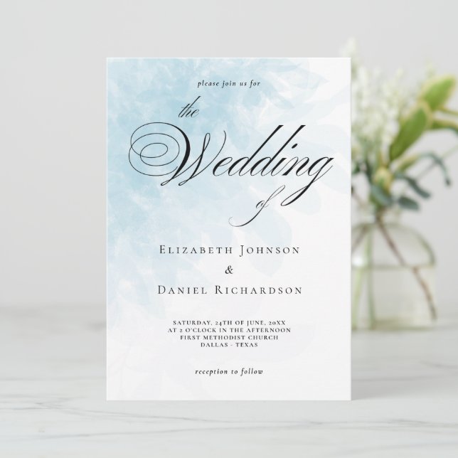 Formal Cyan Blue Watercolor Einladung zur Hochzeit (Stehend Vorderseite)