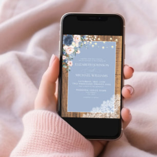 Formal Dusty Blue Blush Rustic Wood Lace Script Einladung